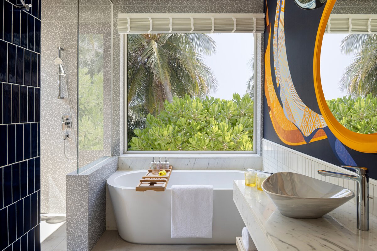 Avani+ Fares Maldives Resort, Four bedroom beach pavilion bathroom